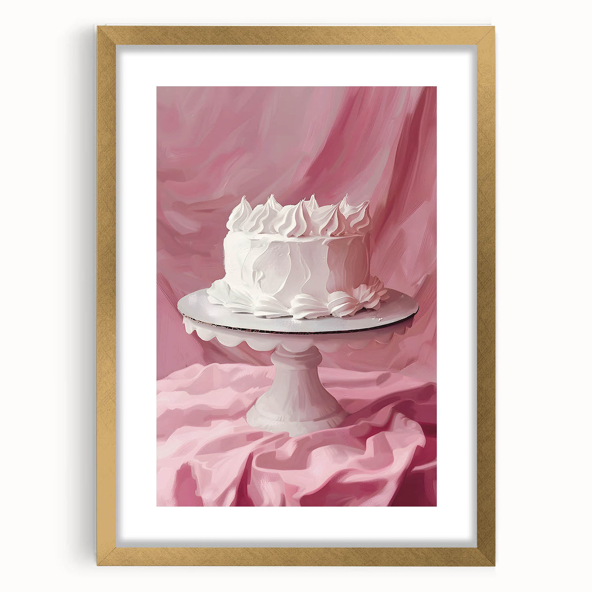 Extra large abstract art print featuring assorted pastries in muted earth tones, framed in gold, ideal for living room decor.