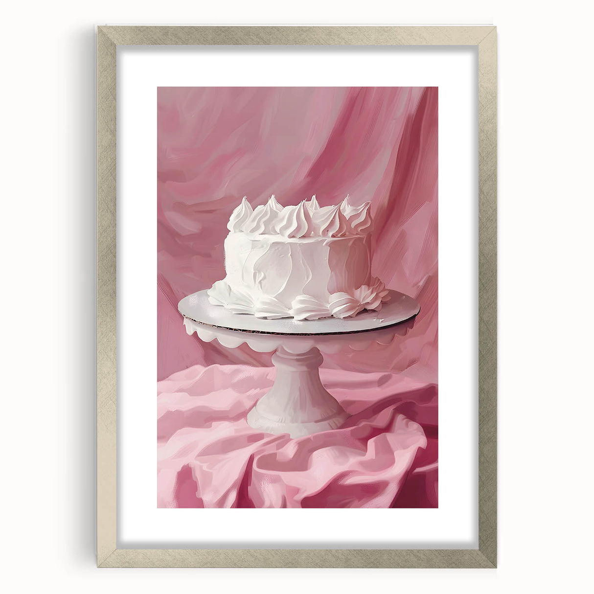Textured art featuring abstract pastries in muted browns and creams on a framed silver canvas, ideal for bedroom decor.