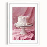 Abstract art print of assorted pastries in soft pastel shades, framed in white, ideal for dining room decor.