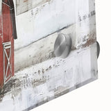 Close-up of a vibrant acrylic glass wall art piece depicting a rustic barn landscape, showcasing intricate details and warm colors, perfect for home decor.