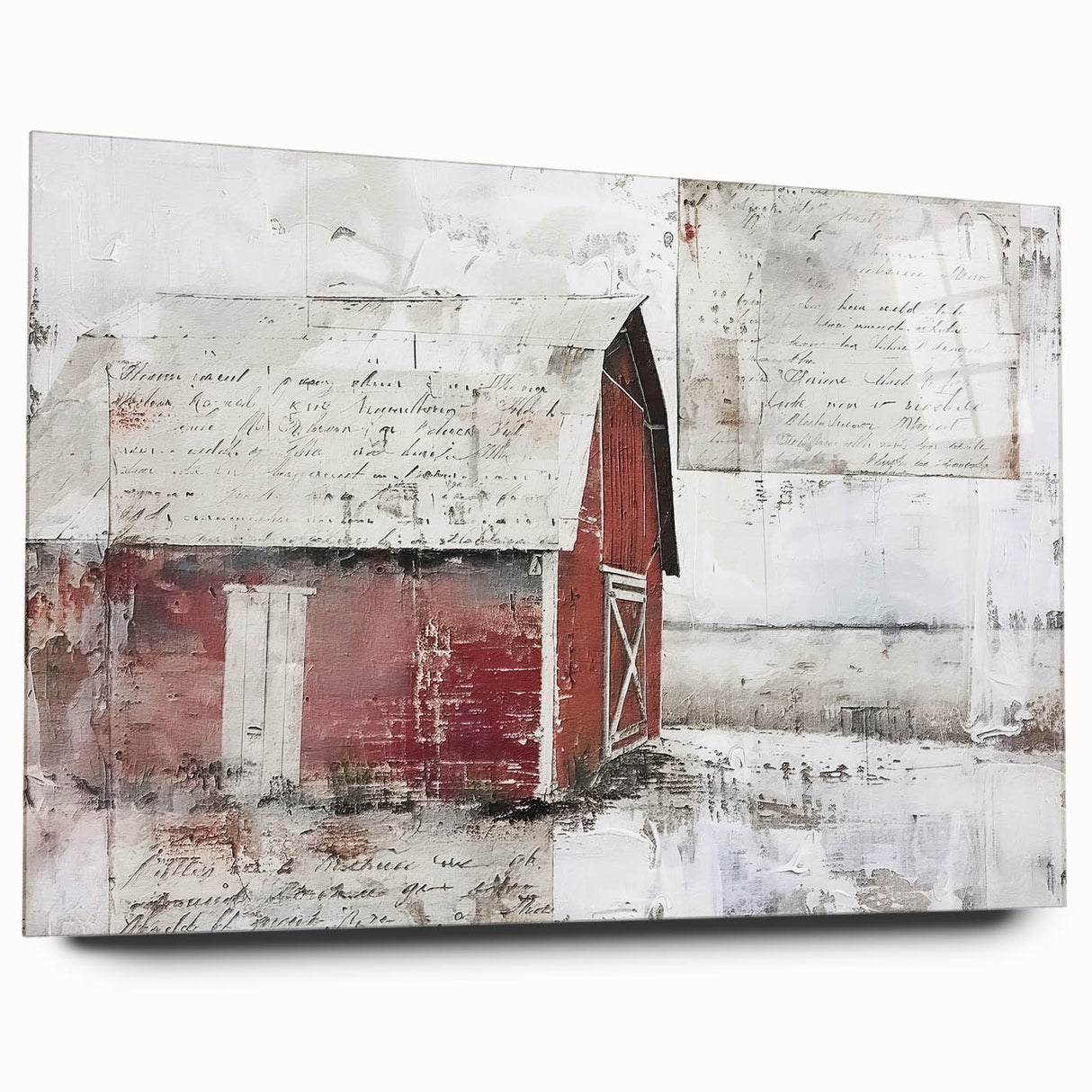 Landscape barn wall art displayed in a side view, showcasing an acrylic glass frame that enhances its vibrant colors and detailed design, perfect for rustic home decor.