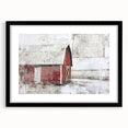 Black-framed landscape barn wall art featuring a rustic design with a white mat, ideal for farmhouse decor. Perfect for enhancing home interiors with a touch of nature.