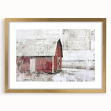 Landscape barn wall art framed in gold with a mat, showcasing a rustic scene that adds warmth and charm to any home decor. Ideal for farmhouse aesthetics.