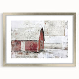 Silver-framed landscape barn wall art featuring a rustic design with a mat, perfect for home decor. Ideal for enhancing farmhouse-style interiors and rooms.