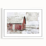 Landscape barn wall art framed with a white mat, showcasing a rustic farmhouse scene. Ideal for enhancing country-style decor with a cozy, inviting atmosphere.