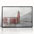 Framed acrylic wall art showcasing a serene landscape with a rustic barn, set against a vibrant sunset backdrop, perfect for enhancing home decor.