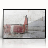 Framed acrylic wall art showcasing a serene landscape with a rustic barn, set against a vibrant sunset backdrop, perfect for enhancing home decor.