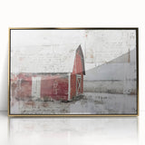 Framed landscape barn wall art showcasing a rustic scene with golden accents, perfect for home decor. The acrylic finish adds a modern touch to the artwork.