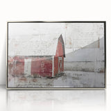Framed acrylic wall art featuring a stunning landscape design of a rustic barn, accented with silver tones. Ideal for enhancing home decor with a touch of nature.