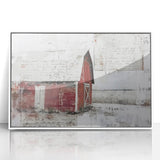 Framed acrylic wall art depicting a serene landscape with a rustic barn, featuring soft earthy tones and a white frame, ideal for home decor enthusiasts.