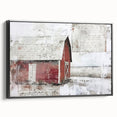 Framed canvas wall art showcasing a rustic barn landscape with rich colors and detailed textures, presented in a sleek black frame, ideal for enhancing home decor.