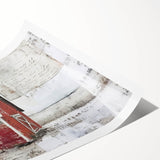 Rolled print of a rustic barn landscape wall art featuring vibrant green fields and a dramatic sky, packaged securely in a protective cardboard tube for easy shipping.