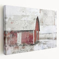 Stretched canvas wall art depicting a serene landscape scene with a rustic barn, showcasing vibrant greens and warm browns, ideal for home decor.