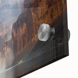Vibrant close-up of a landscape acrylic glass artwork depicting majestic canyons, showcasing rich colors and intricate details, perfect for home decor enhancement.