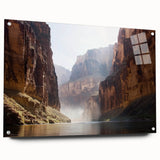 Acrylic glass artwork showcasing a vibrant landscape of canyons, presented in a side view with decorative pins for easy hanging. Perfect for modern home decor.