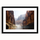 Landscape art print featuring a black-framed canyon scene with a white mat, showcasing vibrant colors and intricate details in a modern home setting. Ideal for enhancing contemporary decor.