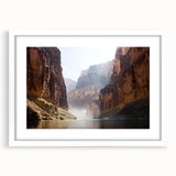 Framed landscape artwork of canyons displayed in a white mat, showcasing vibrant colors and intricate details, ideal for enhancing home decor aesthetics.