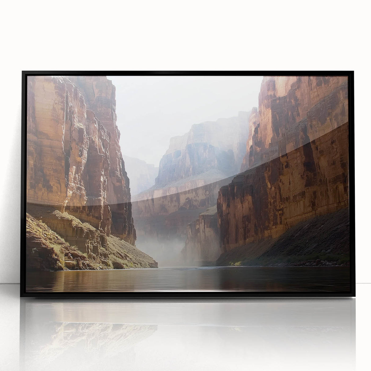 Framed acrylic artwork showcasing a stunning landscape of canyons in rich earthy tones, set against a sleek black frame, perfect for modern home decor.