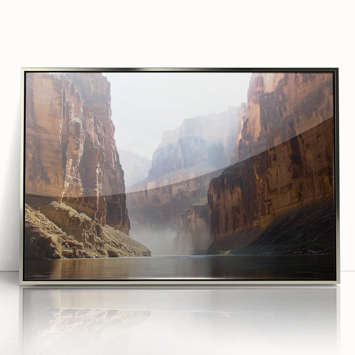 Framed acrylic artwork showcasing a vibrant landscape of canyons, featuring striking silver accents. Ideal for modern home decor, adding depth and color to any space.