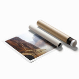 Stunning rolled print of a vibrant landscape featuring canyons under a clear blue sky, showcasing rich earthy tones and intricate details, perfect for home decor.