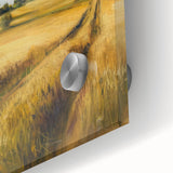 Close-up view of a vibrant acrylic landscape artwork displayed on glass, showcasing rich colors and intricate details, ideal for modern home decor. The design emphasizes natural beauty, making it a perfect centerpiece for any room.