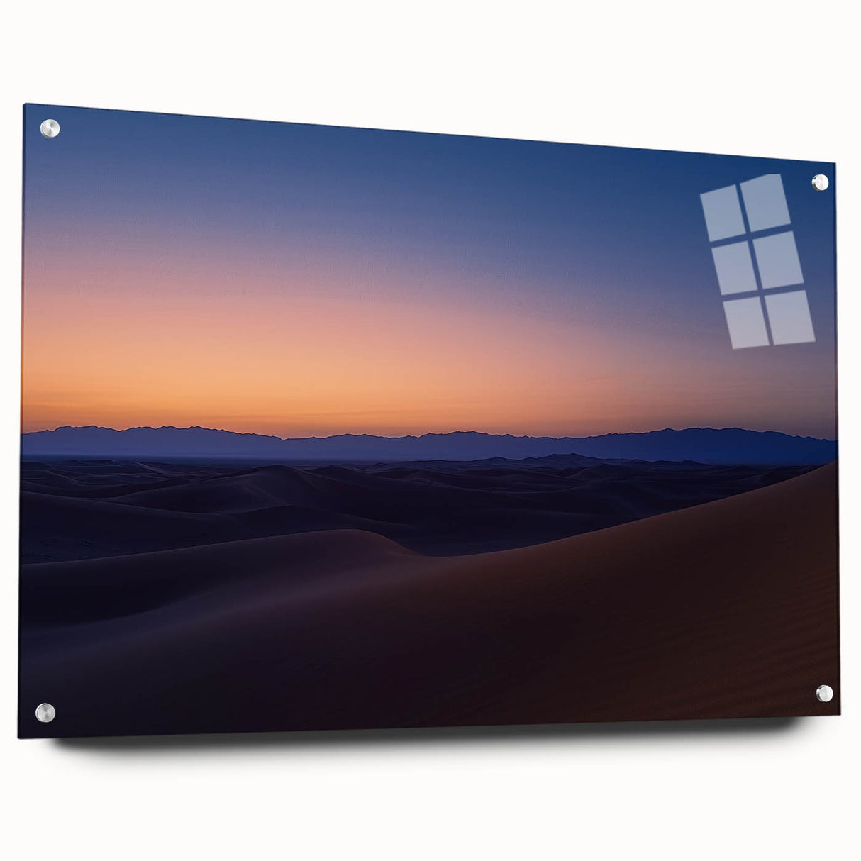 Acrylic glass artwork depicting a stunning desert landscape, showcasing vibrant colors and intricate details, elegantly displayed in a side view with decorative pins for modern decor.