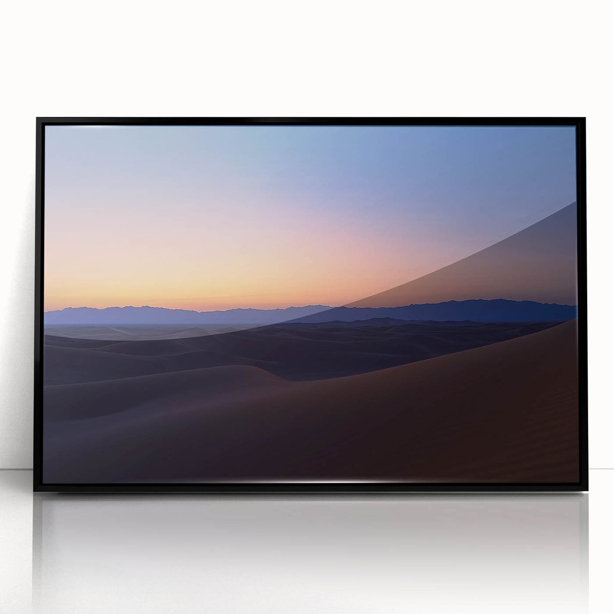 Framed acrylic artwork showcasing a vibrant desert landscape with bold colors, set in a sleek black frame, ideal for modern home decor.