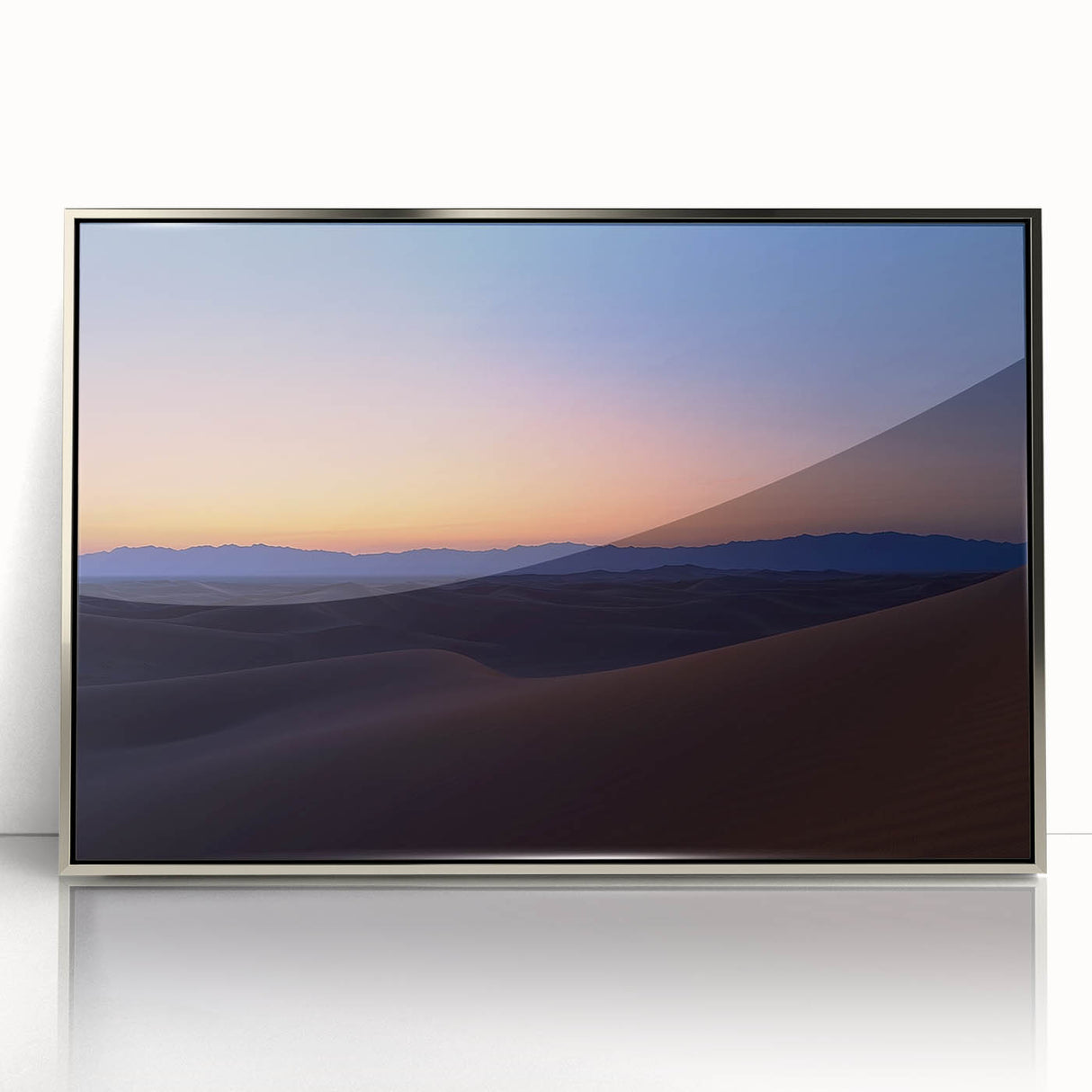Framed acrylic artwork depicting a vibrant desert landscape with striking colors and intricate details, ideal for enhancing modern home decor and wall aesthetics.