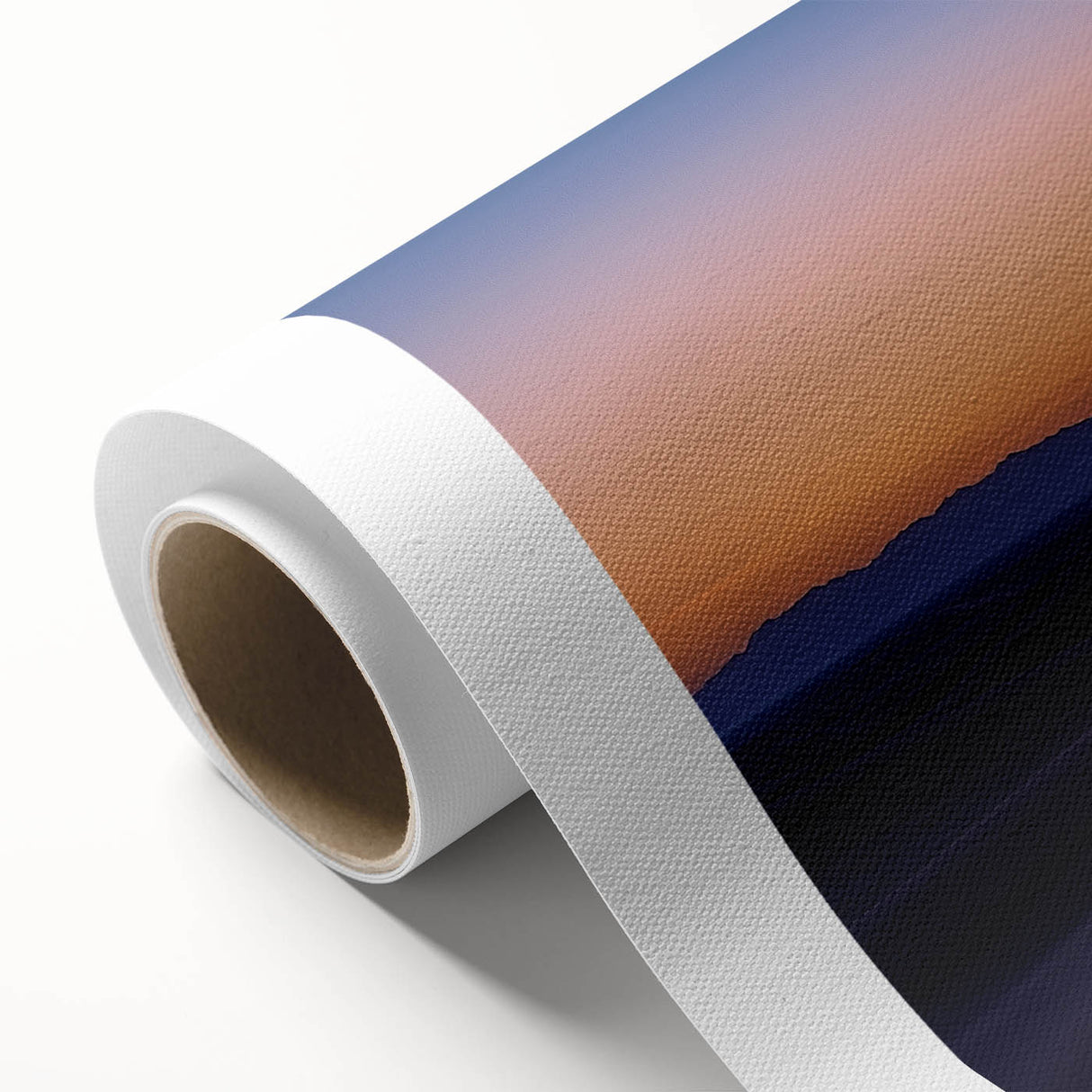 Desert landscape rolled canvas artwork showcasing vibrant orange and brown hues, depicting a serene sunset over sand dunes, ideal for home decor.