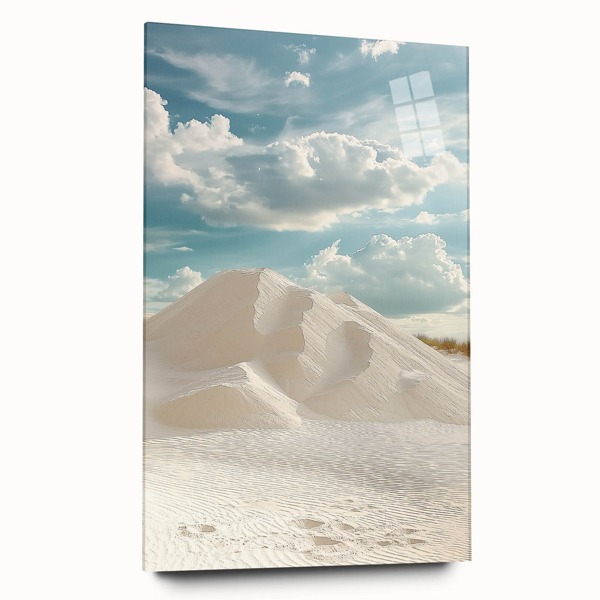 Acrylic glass artwork displaying a stunning side view of tranquil sand dunes, featuring soft beige and golden tones, designed for elegant home decor. Perfect for nature-inspired interiors.