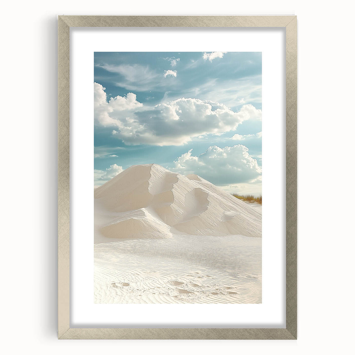 Silver-framed landscape art print depicting serene sand dunes, elegantly presented with a mat, ideal for enhancing home decor with a modern touch.