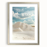 Silver-framed landscape art print depicting serene sand dunes, elegantly presented with a mat, ideal for enhancing home decor with a modern touch.