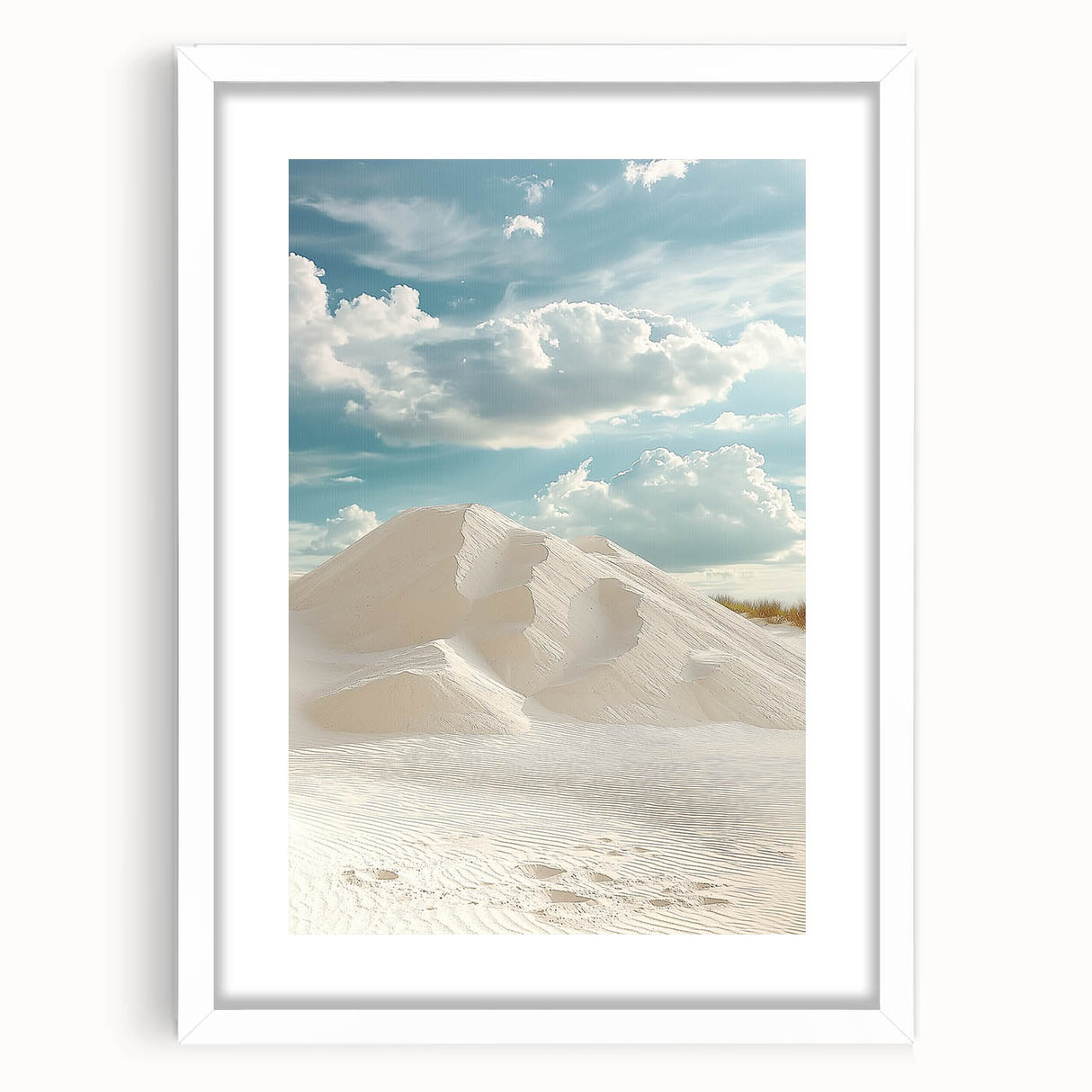 Framed landscape artwork showcasing serene sand dunes, featuring a white mat and sleek frame, perfect for modern home decor and enhancing interior aesthetics.