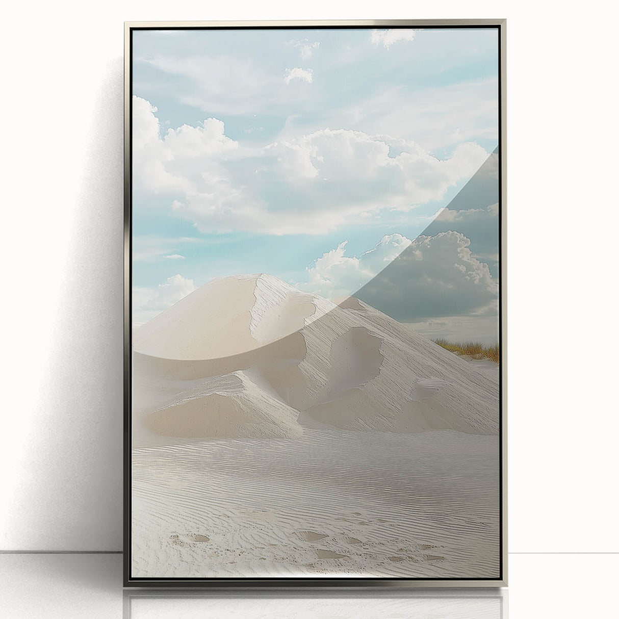 Framed acrylic artwork showcasing a serene desert landscape with rolling dunes, featuring a silver frame that enhances its modern aesthetic. Ideal for home decor.