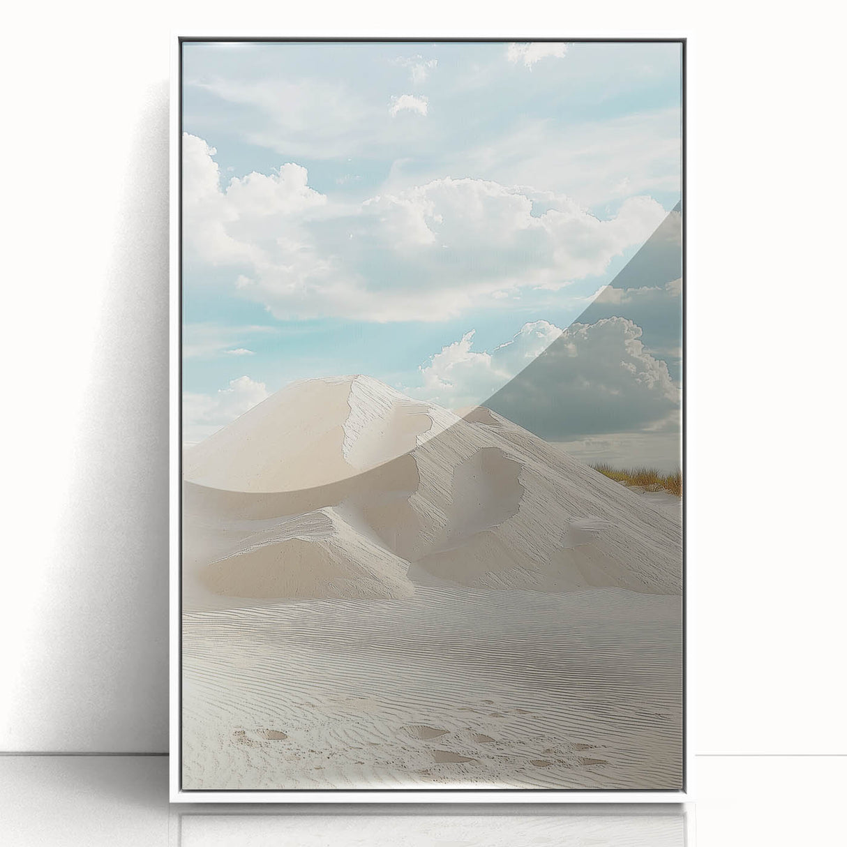 Framed acrylic artwork showcasing serene dunes landscape in soft beige and white tones, perfect for adding a modern touch to home decor. Ideal for nature enthusiasts.