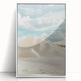 Framed acrylic artwork showcasing serene dunes landscape in soft beige and white tones, perfect for adding a modern touch to home decor. Ideal for nature enthusiasts.