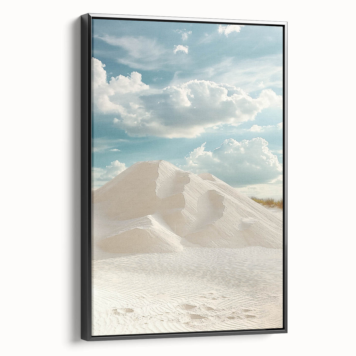Framed canvas artwork depicting serene dunes landscape in earthy tones, showcasing a modern black frame for a chic home decor accent. Perfect for nature enthusiasts.