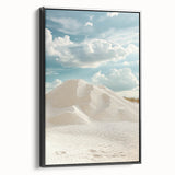 Framed canvas artwork depicting serene dunes landscape in earthy tones, showcasing a modern black frame for a chic home decor accent. Perfect for nature enthusiasts.