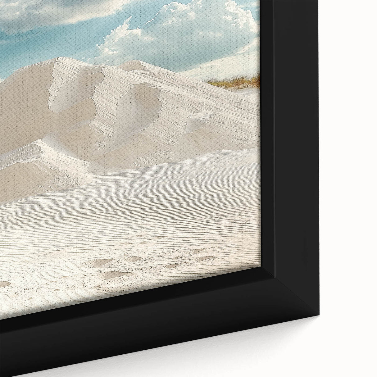 Close-up of a framed canvas artwork showcasing a vibrant desert landscape with rolling sand dunes, highlighting warm earthy tones and intricate textures, ideal for home decor.
