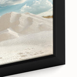 Close-up of a framed canvas artwork showcasing a vibrant desert landscape with rolling sand dunes, highlighting warm earthy tones and intricate textures, ideal for home decor.