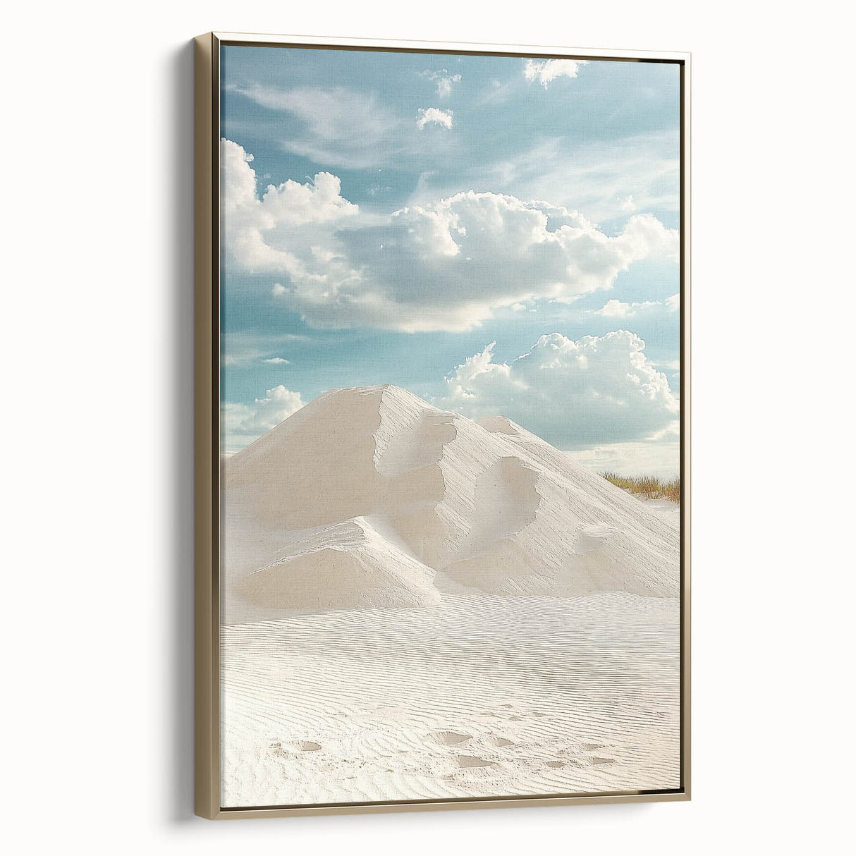 Framed canvas artwork showcasing an elegant landscape of rolling dunes in soft gold hues, with a sleek side view highlighting its modern design and contemporary aesthetic. Perfect for enhancing home decor with a touch of sophistication.