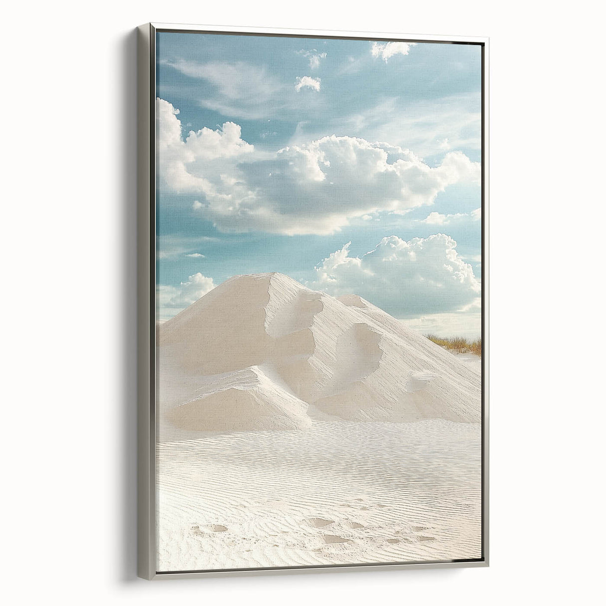 Framed canvas art showcasing a serene landscape of rolling sand dunes, highlighted with silver accents and a sleek side view, perfect for modern home decor.