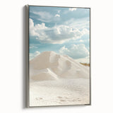 Framed canvas art showcasing a serene landscape of rolling sand dunes, highlighted with silver accents and a sleek side view, perfect for modern home decor.