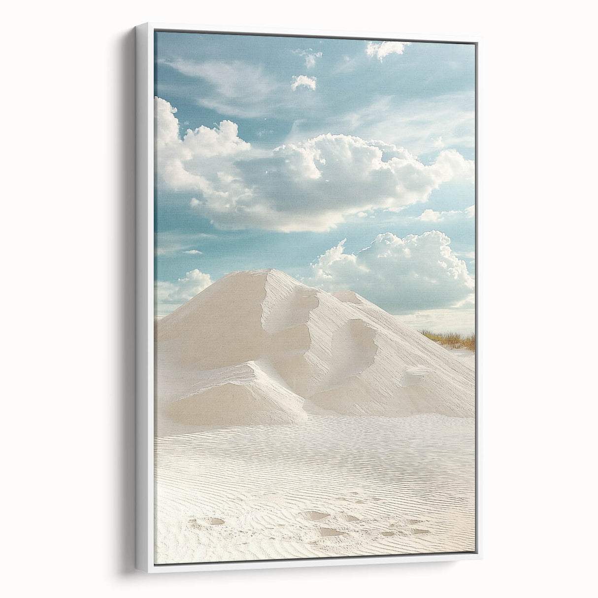 Framed canvas artwork showcasing serene desert dunes in soft beige and golden hues, displayed from a white side view, perfect for enhancing modern decor.