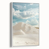 Framed canvas artwork showcasing serene desert dunes in soft beige and golden hues, displayed from a white side view, perfect for enhancing modern decor.