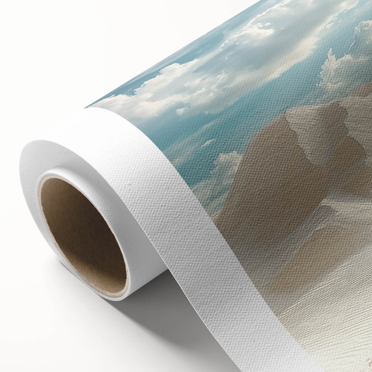Rolled canvas artwork showcasing a serene landscape of rolling sand dunes under a vibrant sunset, elegantly packaged in a protective cardboard tube for safe shipping. Ideal for home decor or art enthusiasts.