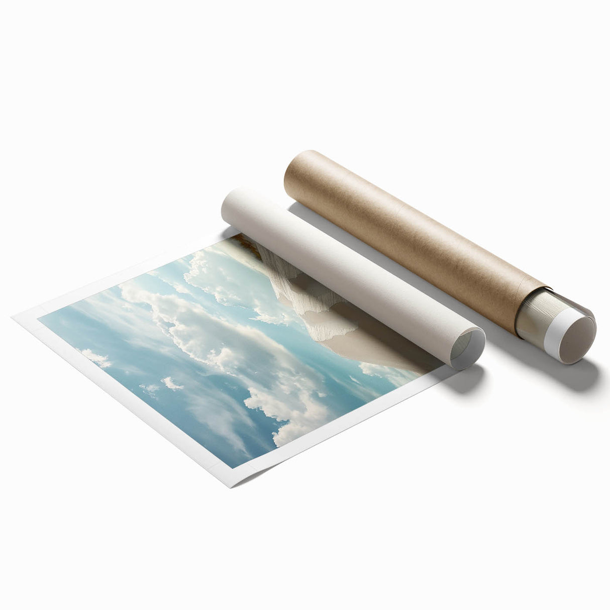Vibrant rolled print of tranquil sand dunes landscape, showcasing warm golden hues and soft, flowing lines, elegantly packaged in a protective cardboard tube.