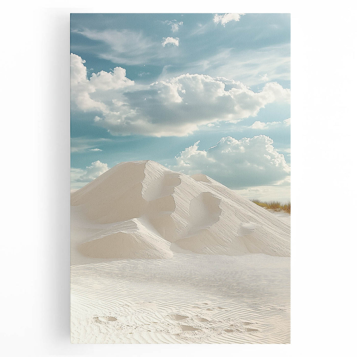 Vibrant stretched canvas artwork showcasing a desert landscape with rolling dunes under a clear blue sky, perfect for enhancing modern home decor.