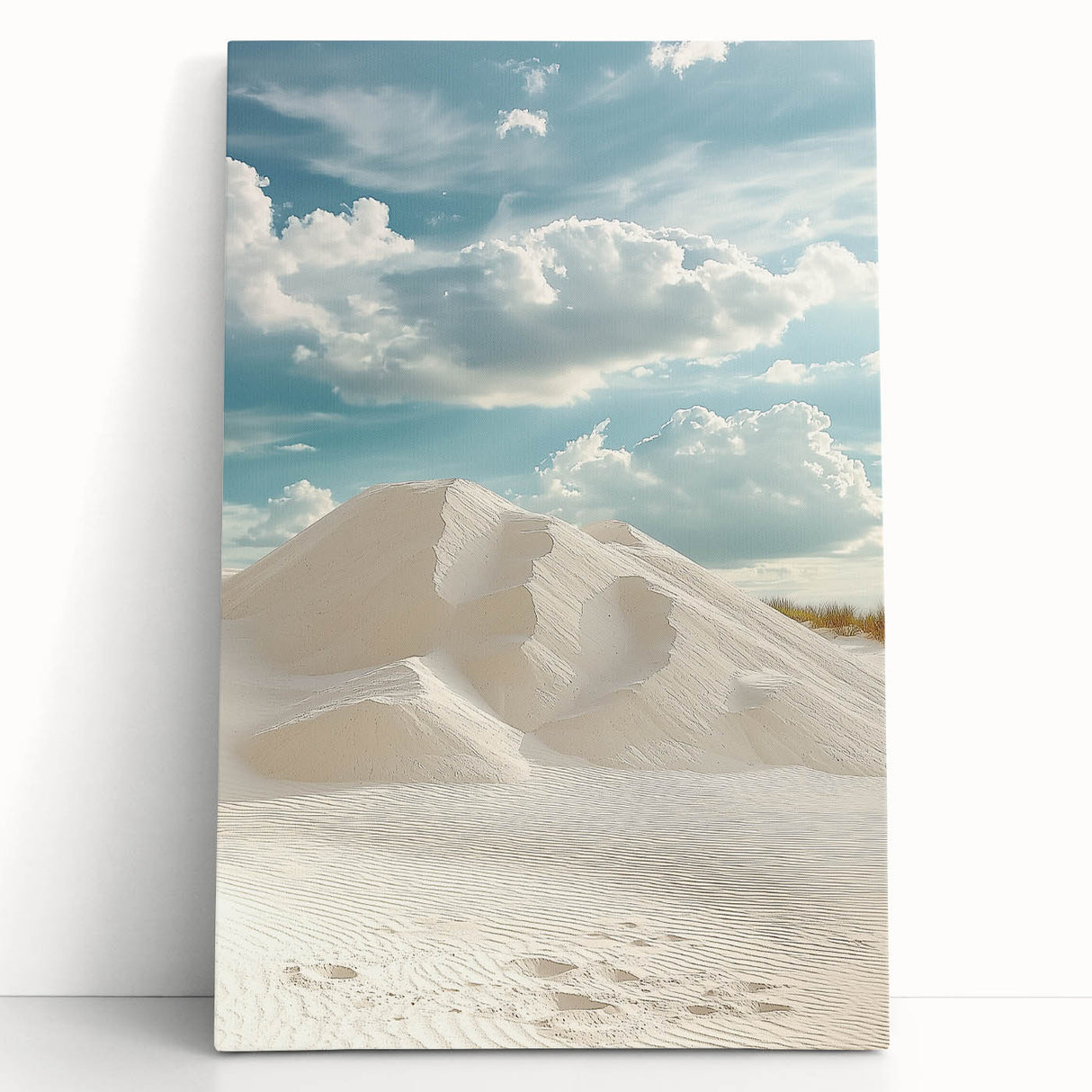 Stretched canvas artwork showcasing tranquil desert dunes at sunset, featuring warm hues of orange and gold, perfect for enhancing modern home decor.