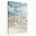 Stretched canvas artwork depicting serene sand dunes landscape in warm tones, showcasing intricate textures and peaceful ambiance, ideal for home decor.